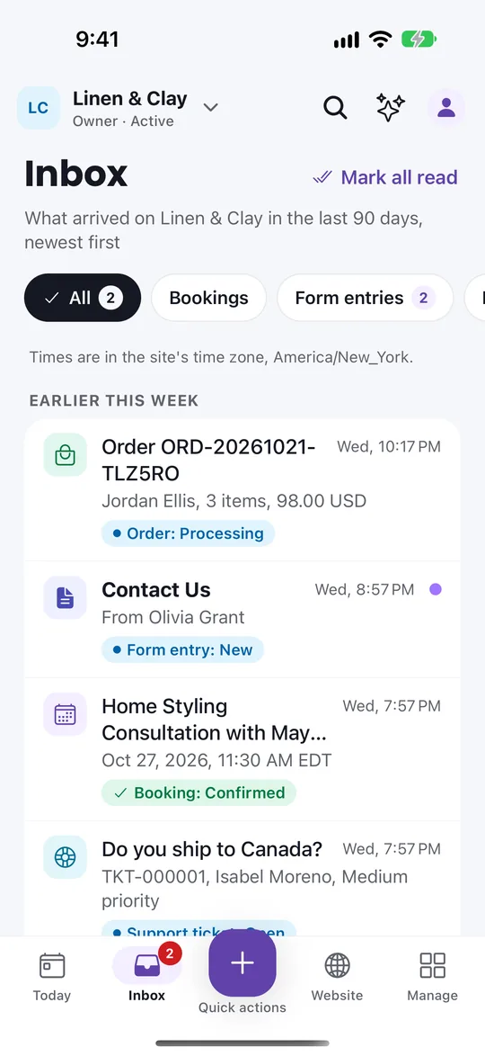 VoVo app Inbox listing an order, a contact form entry, a confirmed booking and a support ticket.