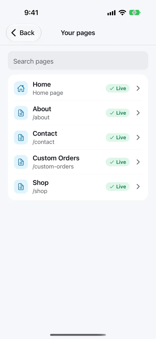 VoVo app list of website pages, each marked Live.