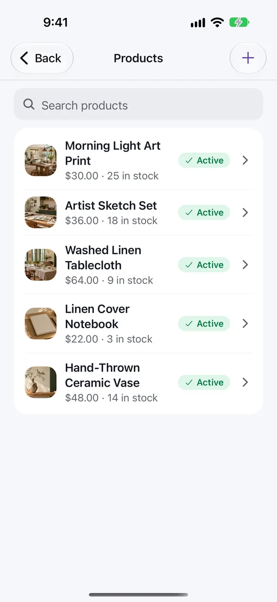 VoVo app product list with prices, stock counts and Active status.