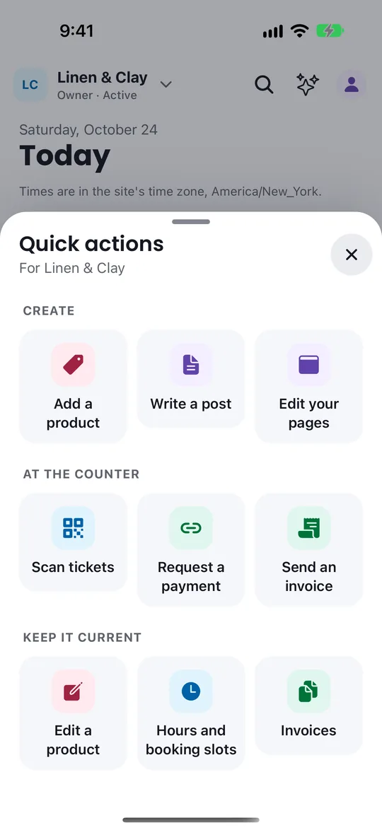 VoVo app Quick actions: add a product, write a post, edit pages, scan tickets, request a payment, send an invoice and booking hours.