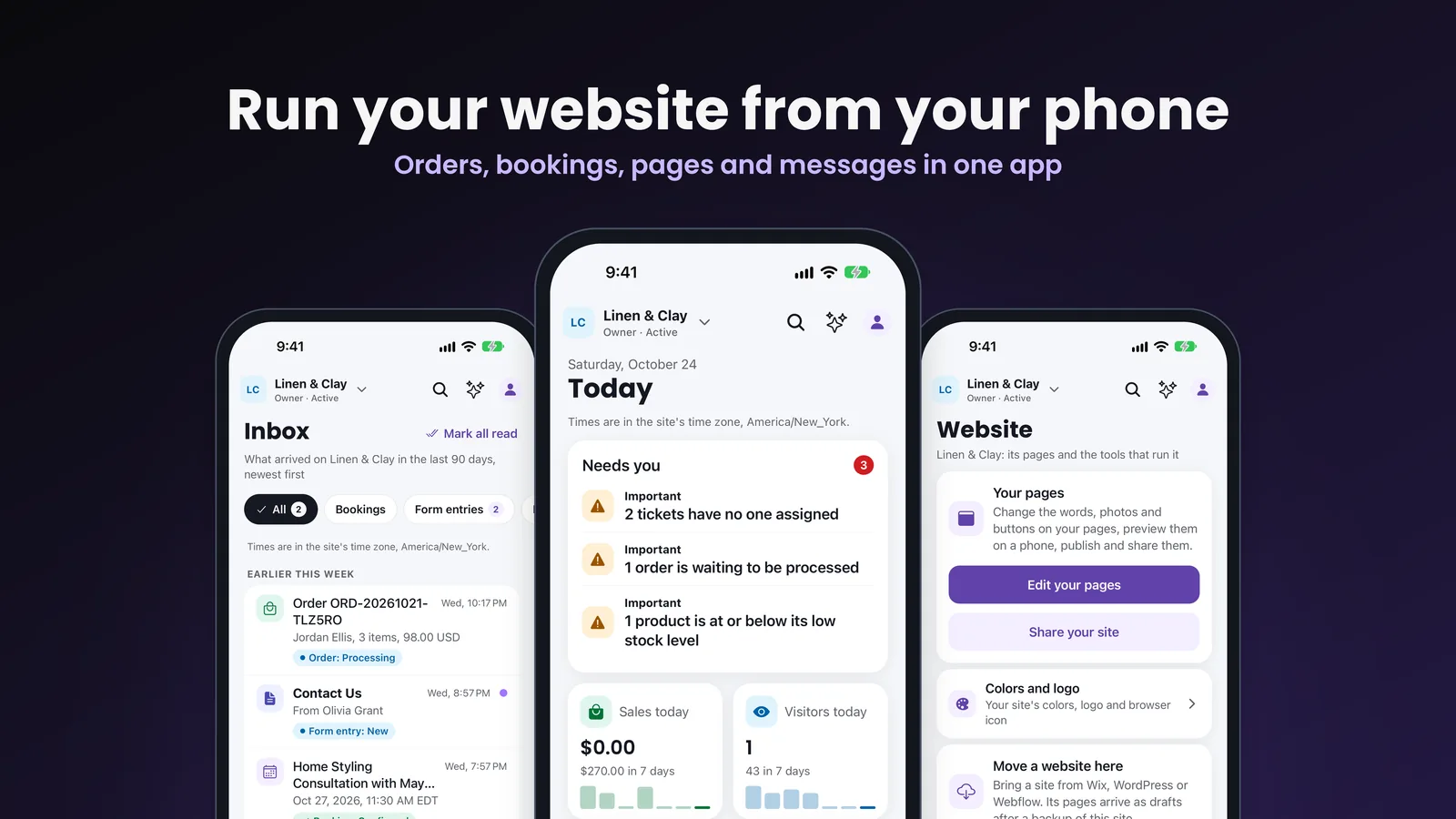 Three phones running the VoVo app: the Inbox with an order, a form entry and a booking, Today with what needs attention and sales, and Website with Edit your pages and Share your site.