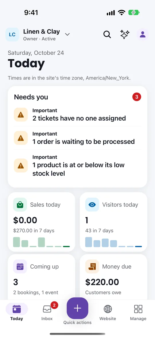 VoVo app Today screen with Needs you items, sales today, visitors today, bookings coming up and money due.