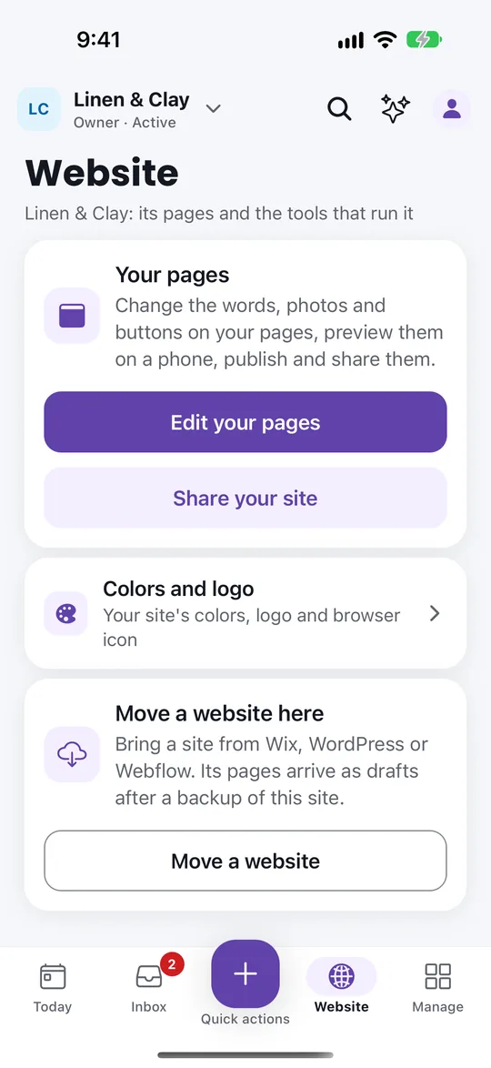 VoVo app Website screen with Edit your pages, Share your site, Colors and logo, and Move a website here.