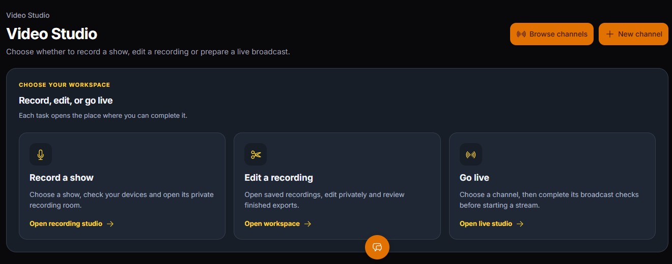 The central VoVo Video Studio dashboard showing Record a show, Edit a recording, and Go live.