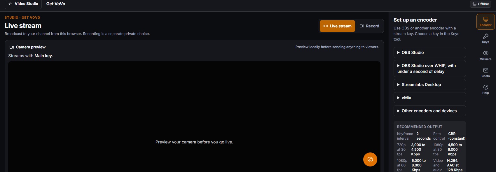 Central live studio with browser preview, live or record choice, and encoder setup tools