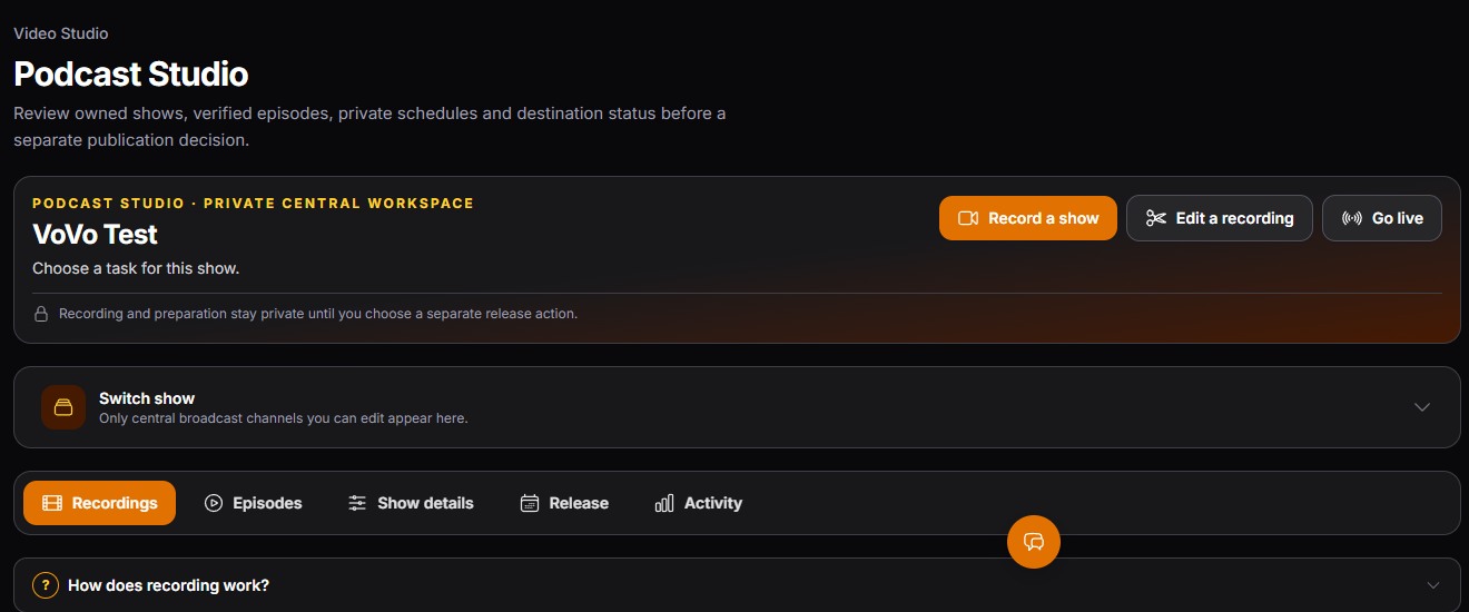 Central Podcast Studio showing a selected show and its Recordings, Episodes, Show details, Release, and Activity tabs